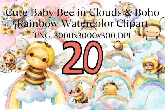 Download Cute Bee Boho Rainbow Watercolor Clipart - Boho rainbow Collection