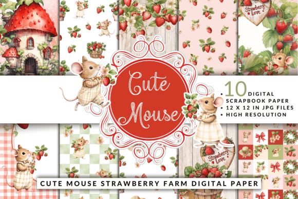Download Cute Mouse Strawberry Farm Digital Paper - Strawberry Collection