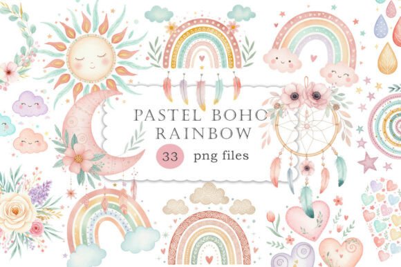 Download Pastel Boho Rainbow Clipart Set PNG - Boho rainbow Collection