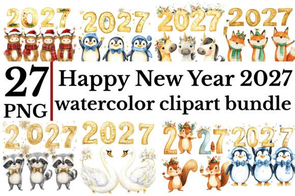 Download Happy New Year 2027 Watercolor Clipart B - Happy Collection