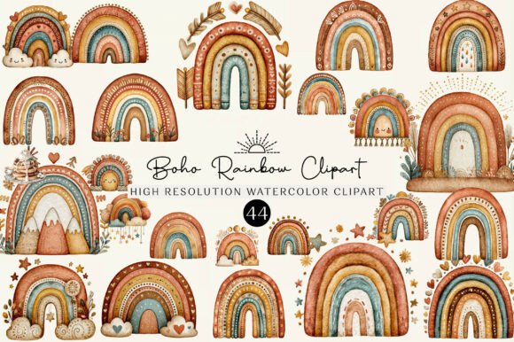 Download Watercolor Boho Rainbow Clipart - Boho rainbow Collection